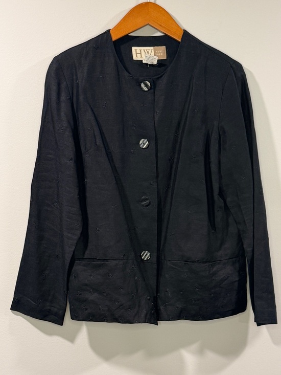 HW New York Jackets & Blazers - HW NEW YORK Women’s Black Collarless Button Linen Blazer with Embroidery Size 8